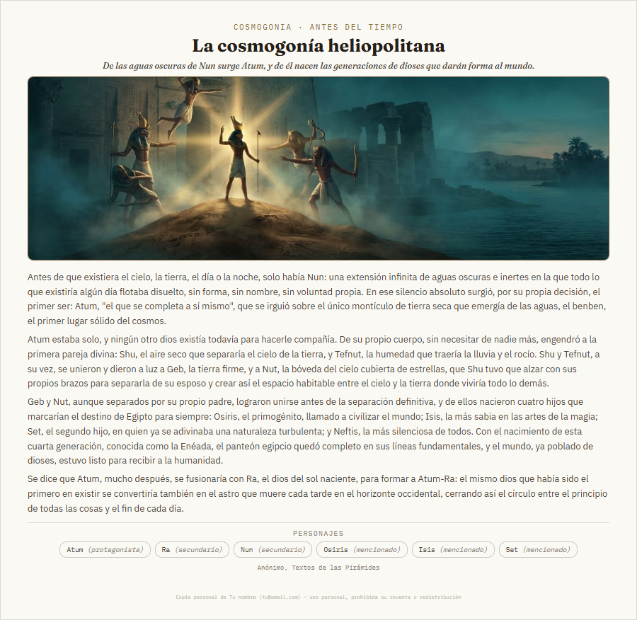 Página de la cosmogonía heliopolitana en el PDF descargable de Mitología Egipcia