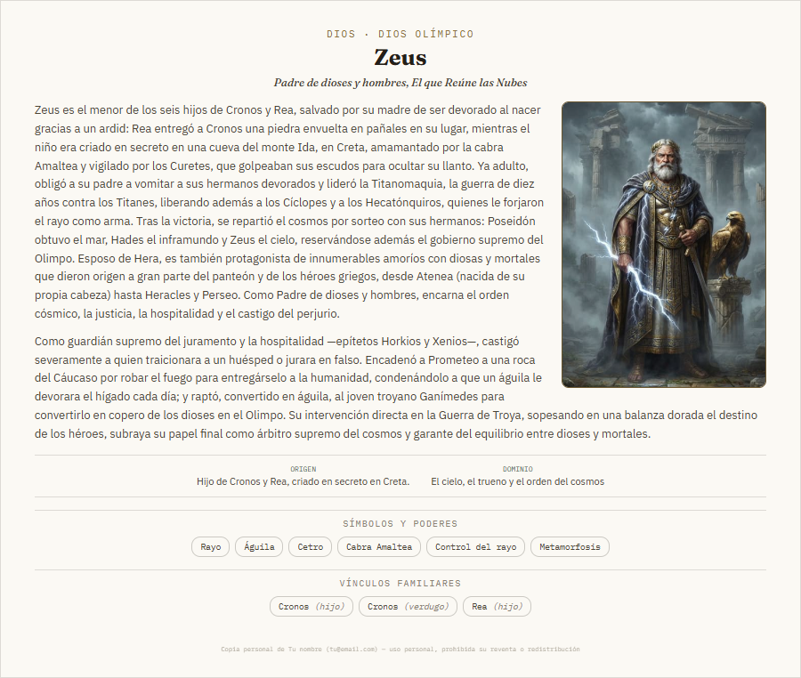 Página de Zeus en el PDF descargable de Mitología Griega