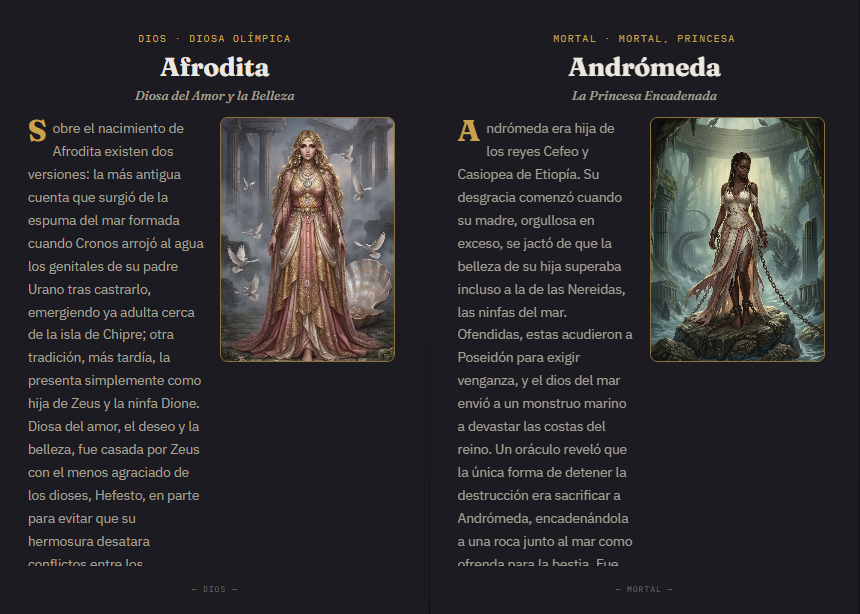 Ficha de personaje de Afrodita en el flipbook de Mitología Griega